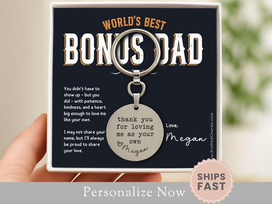 Personalized Bonus Dad Keychain Gift for Bonus Dad Keyfob Fathers Day Gift Step Dad Keyring Present Bonus Dad Thank You from Stepdaughter