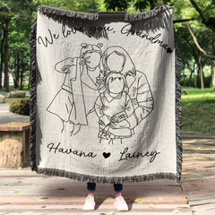 Personalized Grandma Line Art Portrait Woven Blanket