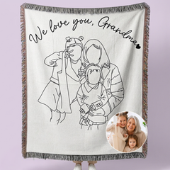 Personalized Grandma Line Art Portrait Woven Blanket