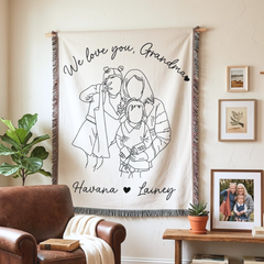Personalized Grandma Line Art Portrait Woven Blanket