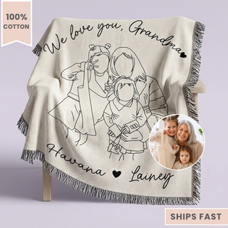 Personalized Grandma Line Art Portrait Woven Blanket