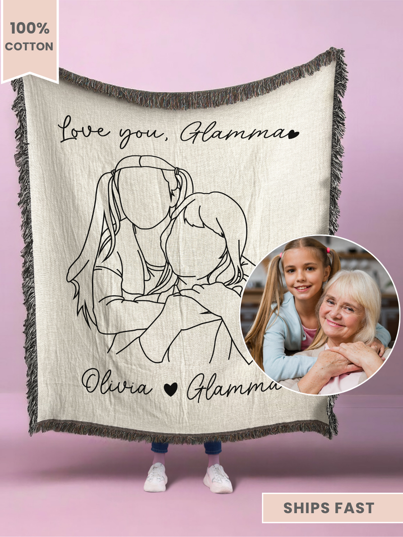 Personalized Glamma Line Art Portrait Woven Blanket
