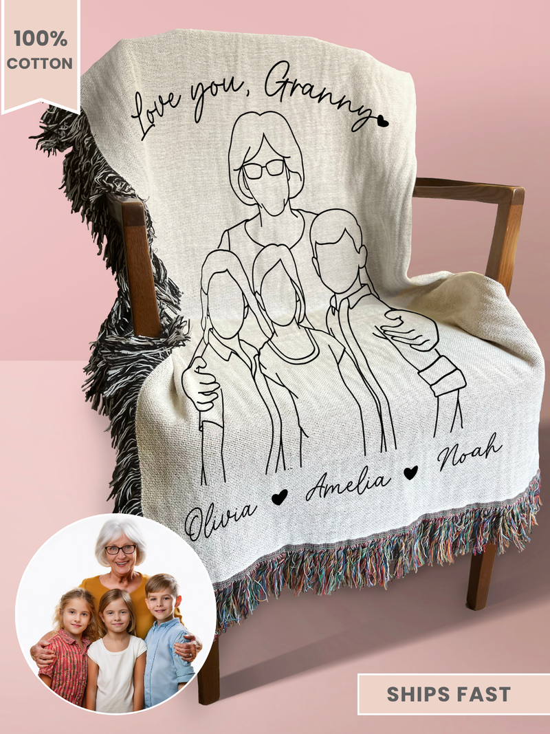 Personalized Granny Line Art Portrait Woven Blanket