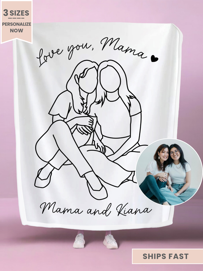 Personalized Mama Line Art Portrait Minky Blanket