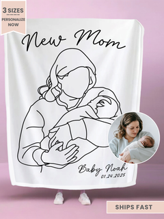 Personalized New Mom Line Art Portrait Minky Blanket