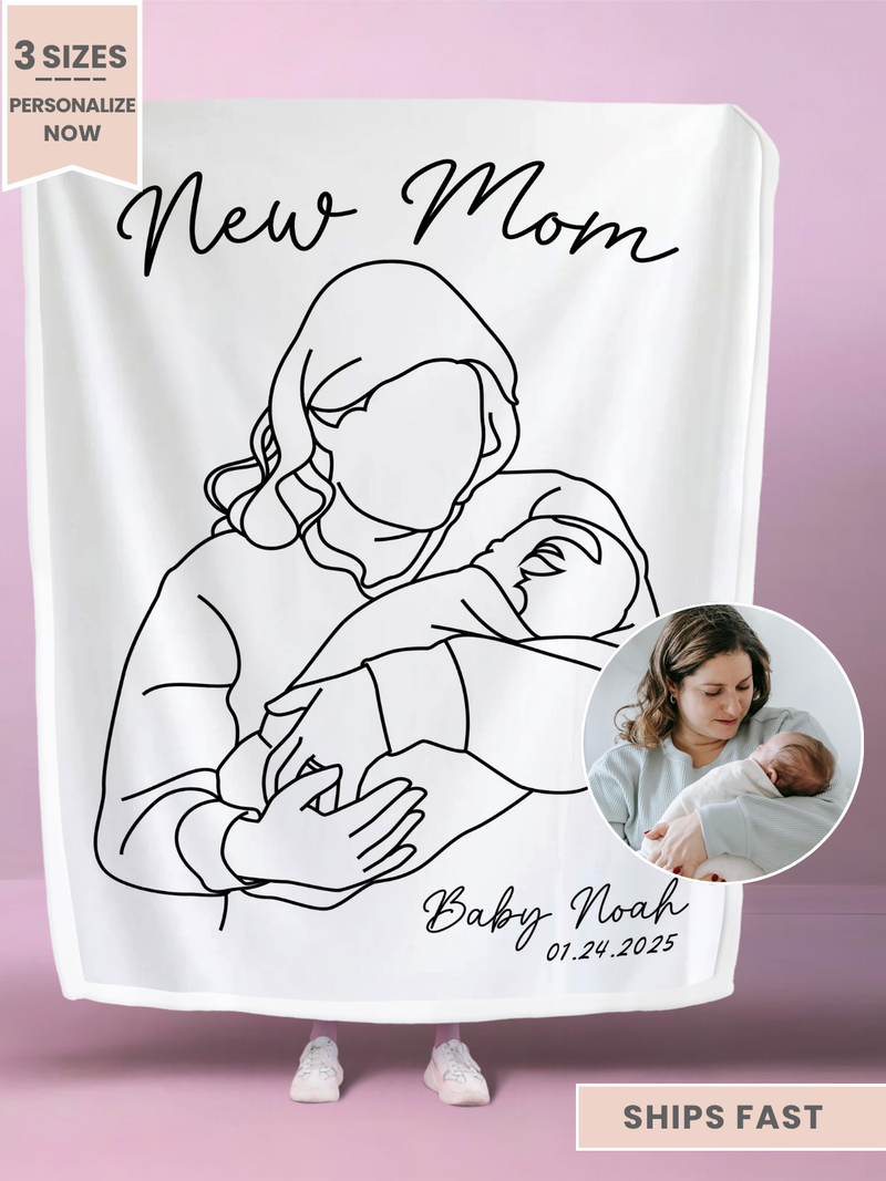 Personalized New Mom Line Art Portrait Minky Blanket